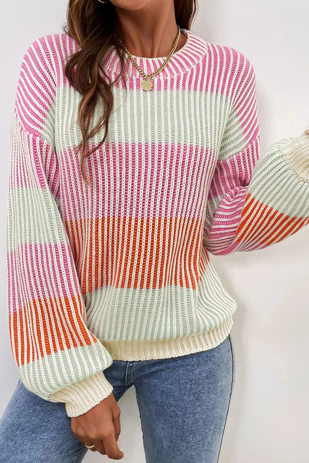 🌈 Striped Color Block Round Neck Long Sleeve Sweater 🌈