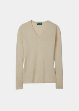 Alice Ladies Cotton Cashmere Vee Neck Jumper In Sand