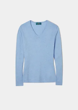 Alice Ladies Cotton Cashmere Vee Neck Jumper In Steel Blue