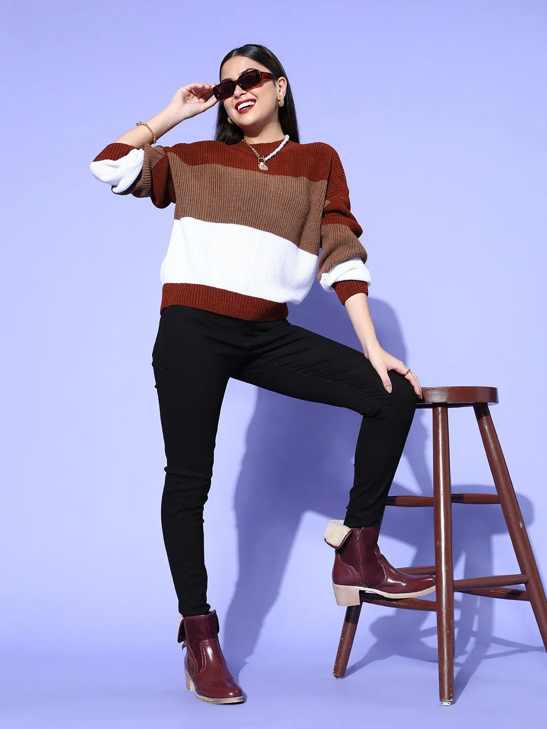 Berrylush Women Brown & White Striped Pattern Round Neck Acrylic Straight Hem Regular Pullover