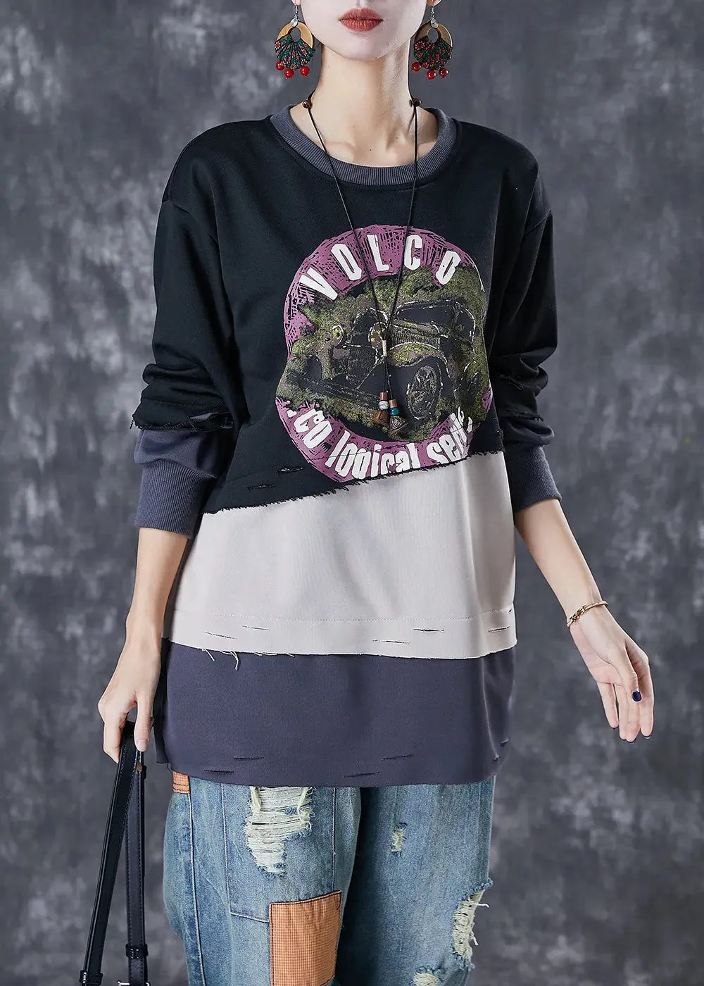 Black Patchwork Warm Fleece Ripped Pullover Sweatshirt Oversized Winter ML2982