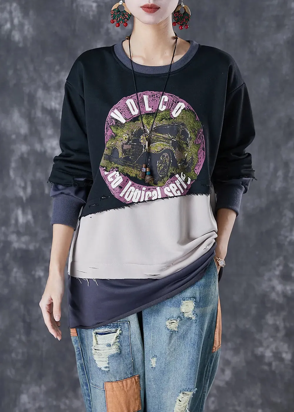 Black Patchwork Warm Fleece Ripped Pullover Sweatshirt Oversized Winter ML2982