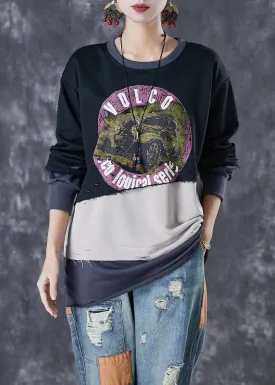 Black Patchwork Warm Fleece Ripped Pullover Sweatshirt Oversized Winter ML2982