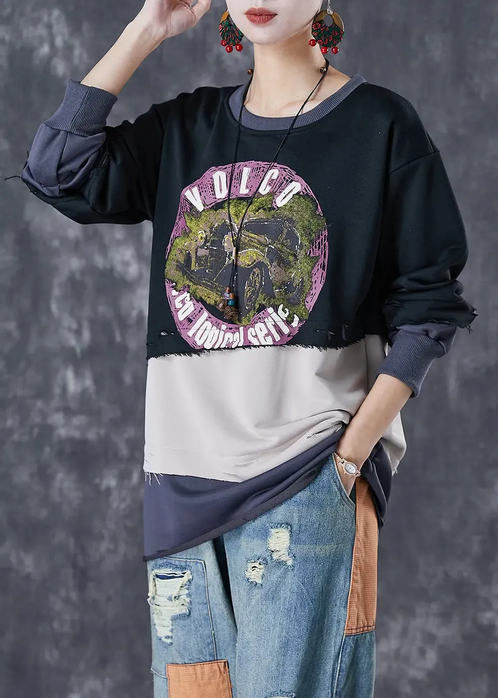 Black Patchwork Warm Fleece Ripped Pullover Sweatshirt Oversized Winter ML2982