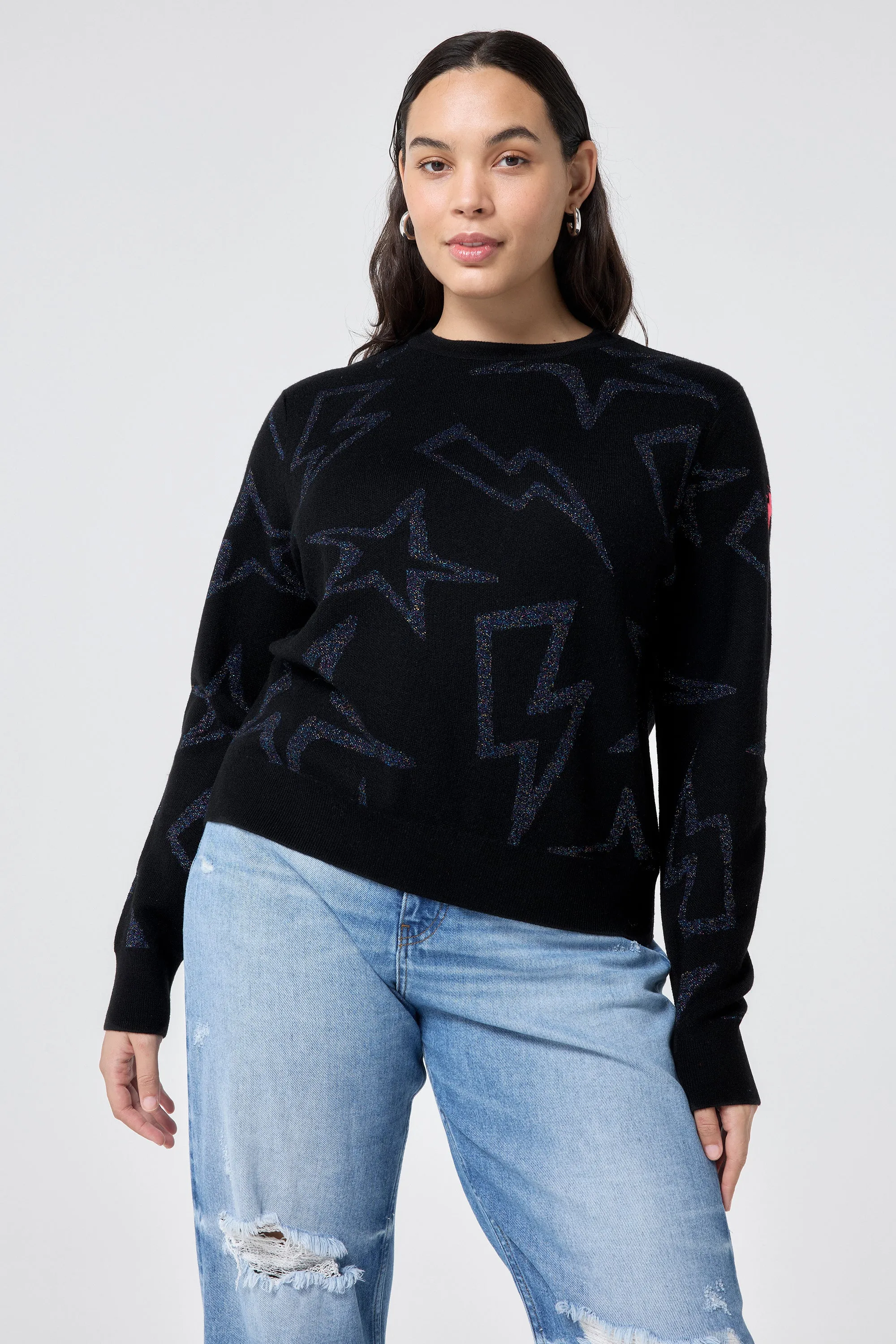 Black with Metallic Rainbow Star and Lightning Bolt Lurex Knit Jumper