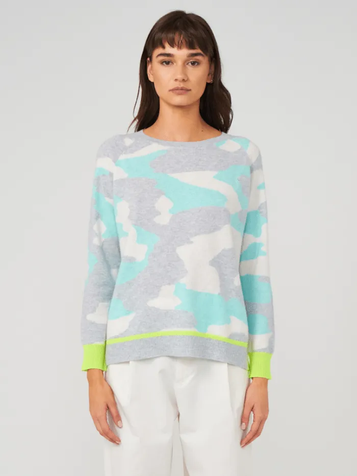 Brodie Cashmere Grey & Mint Coco Camo Jumper with Neon Yellow Trim