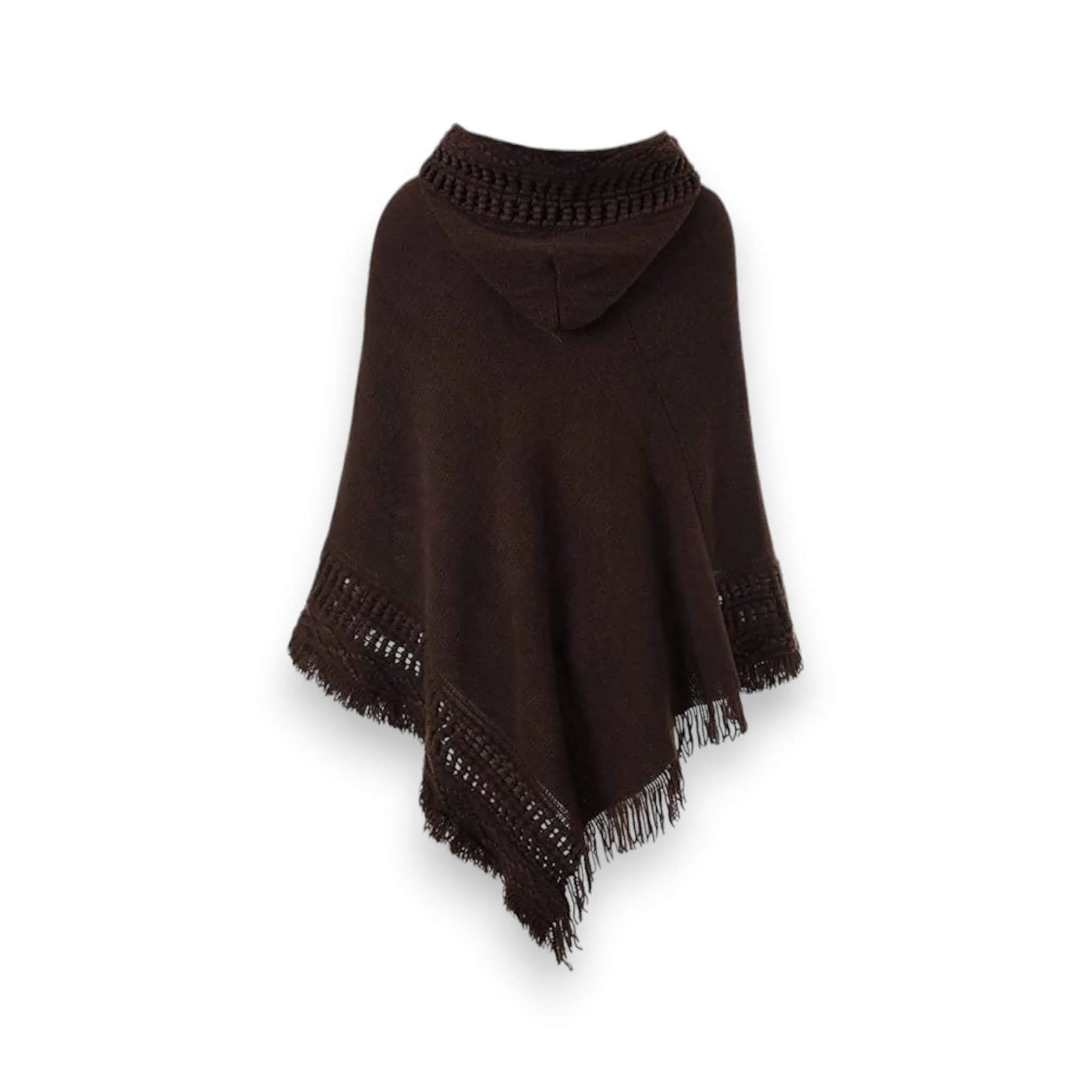 Brown Hooded Tassel Poncho Sweater