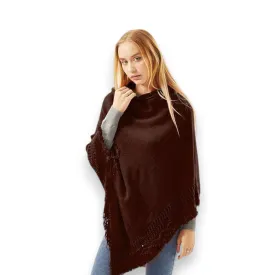 Brown Hooded Tassel Poncho Sweater