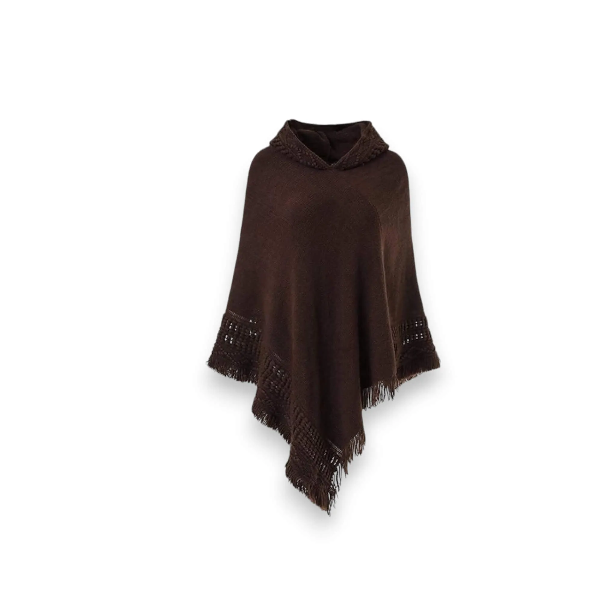 Brown Hooded Tassel Poncho Sweater