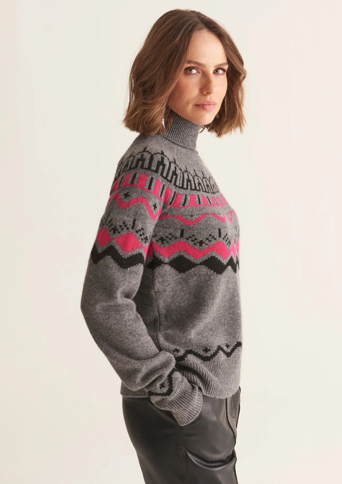 Cashmere Alpine Knit Sweater in Grey/Cherry Pink