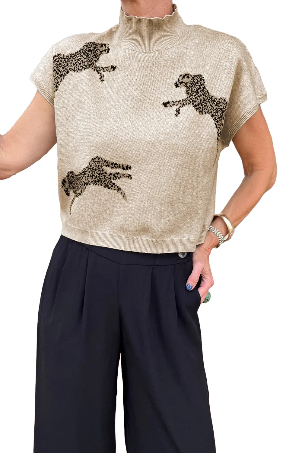 Cheetah Short Sleeve Turtleneck Sweater