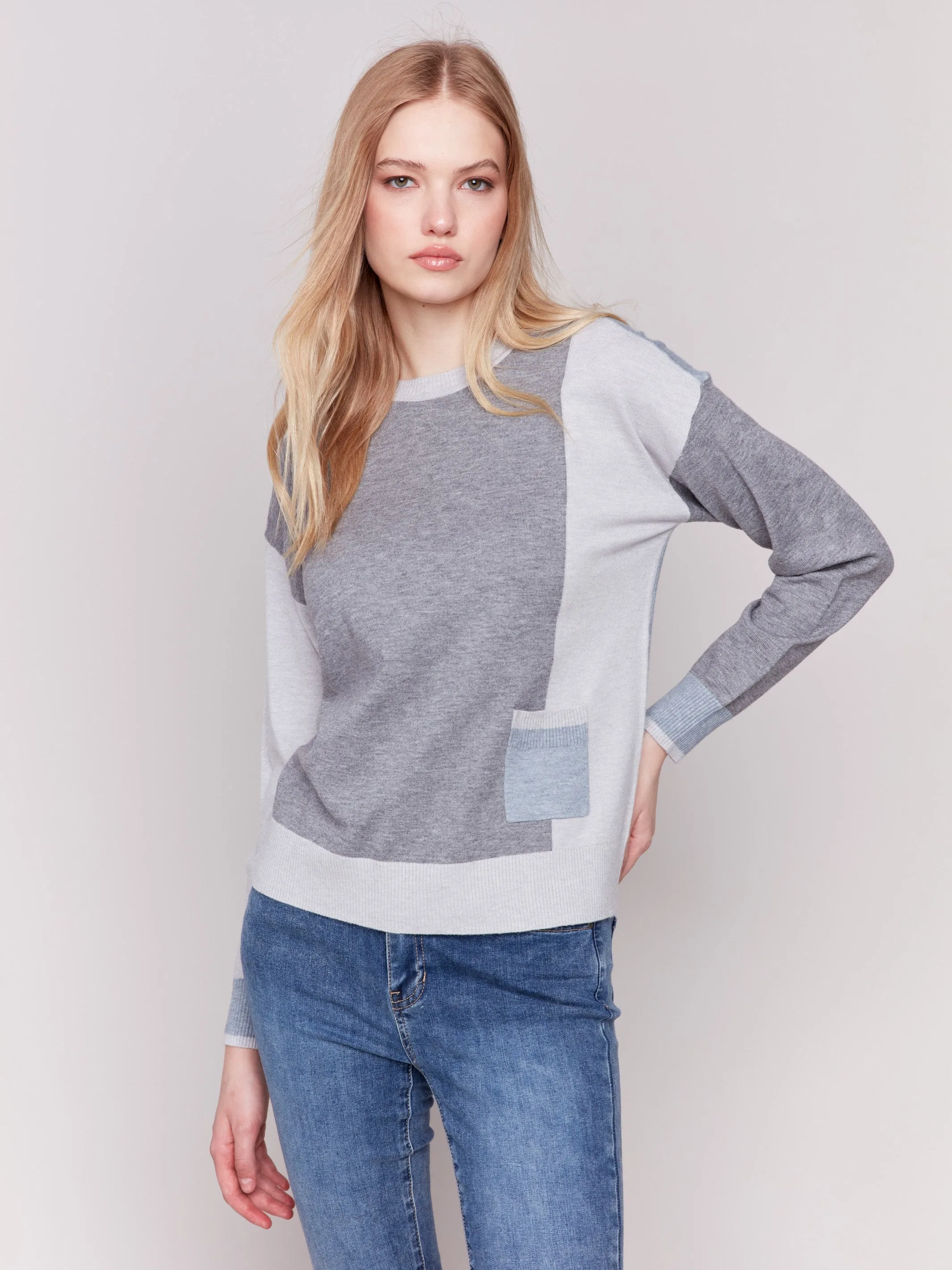 Color Block Sweater with Pocket Detail - Grey