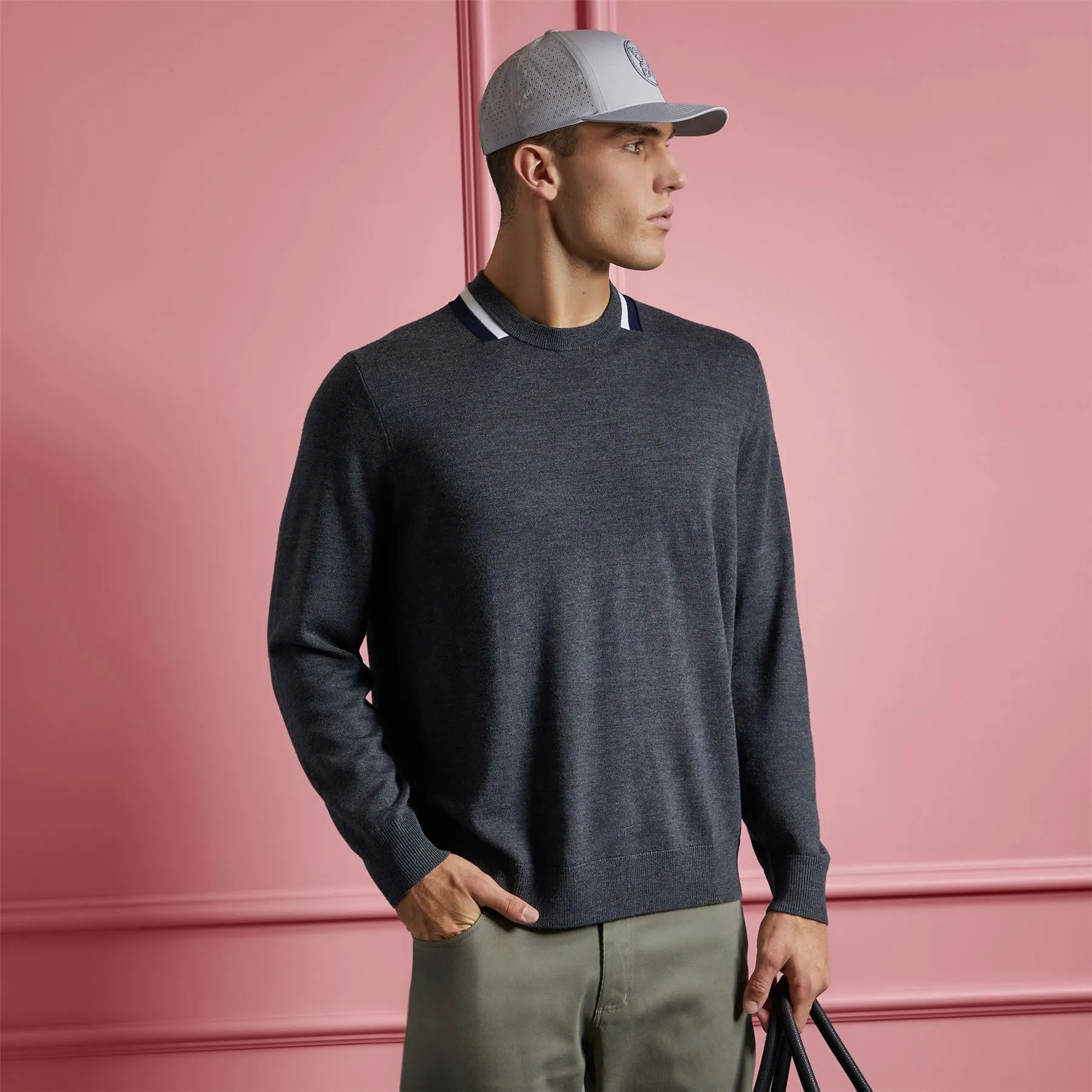 Colorblock Merino Wool Crew Neck Sweater Charcoal - AW24