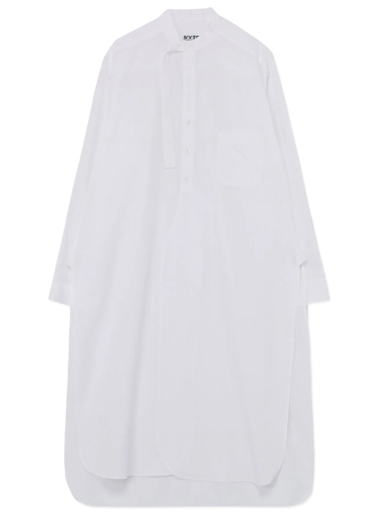 COTTON BROAD CLOTH STAND COLLAR LONG SHIRT WITH ROUNDED HEM