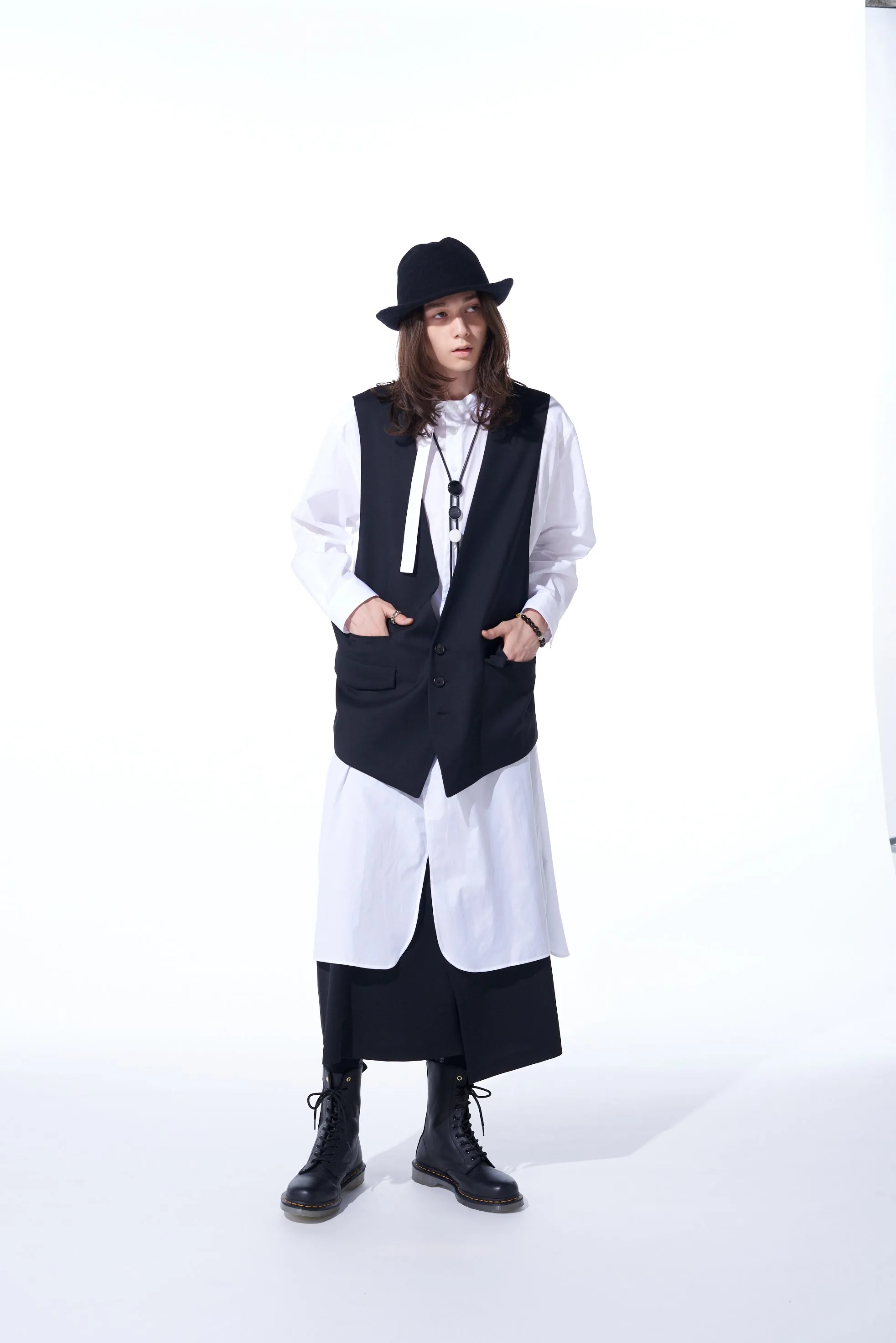 COTTON BROAD CLOTH STAND COLLAR LONG SHIRT WITH ROUNDED HEM