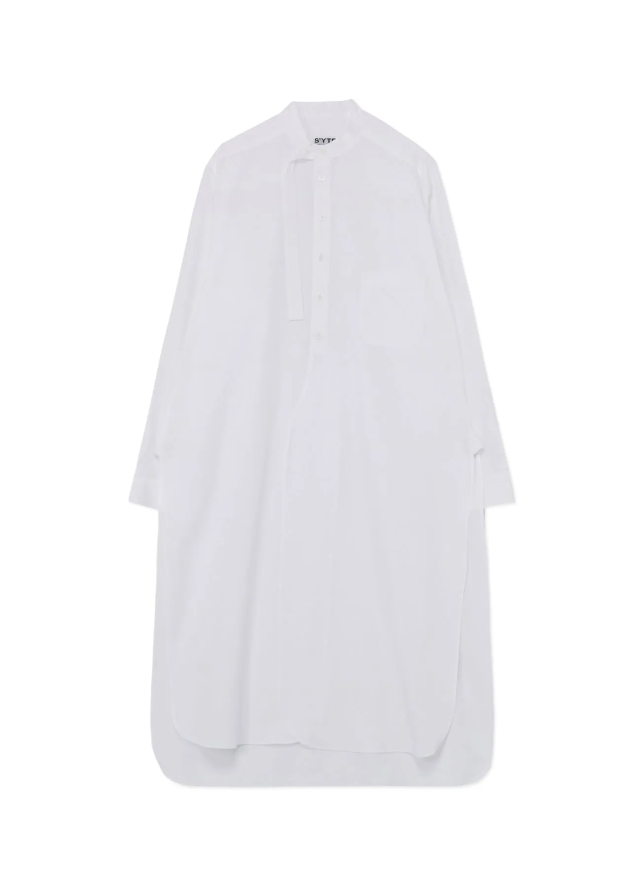 COTTON BROAD CLOTH STAND COLLAR LONG SHIRT WITH ROUNDED HEM