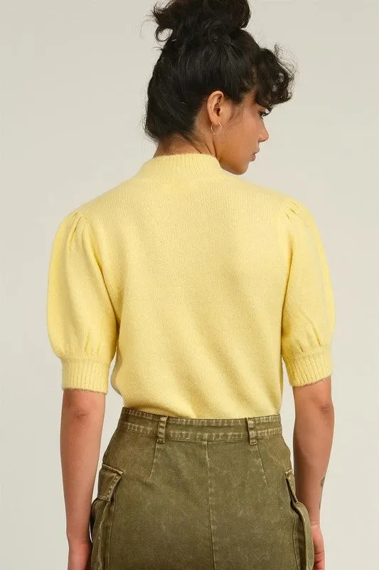 Creamy Yellow Short Sleeve Sweater With Puff Sleeves