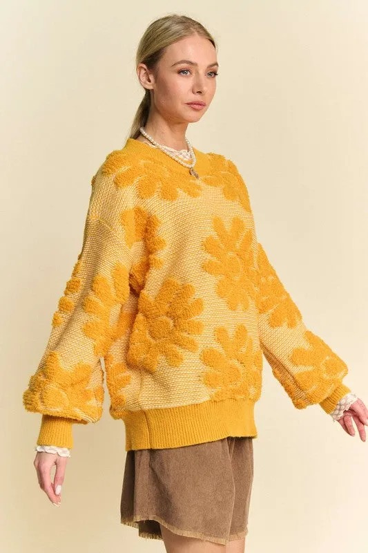 Davi & Dani Gold Flower Texture Sweater Round Neck Long Sleeve Pullover