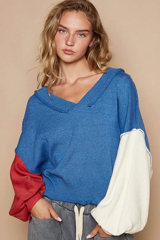 Exposed Seam Contrast V-Neck Lantern Sleeve Sweater