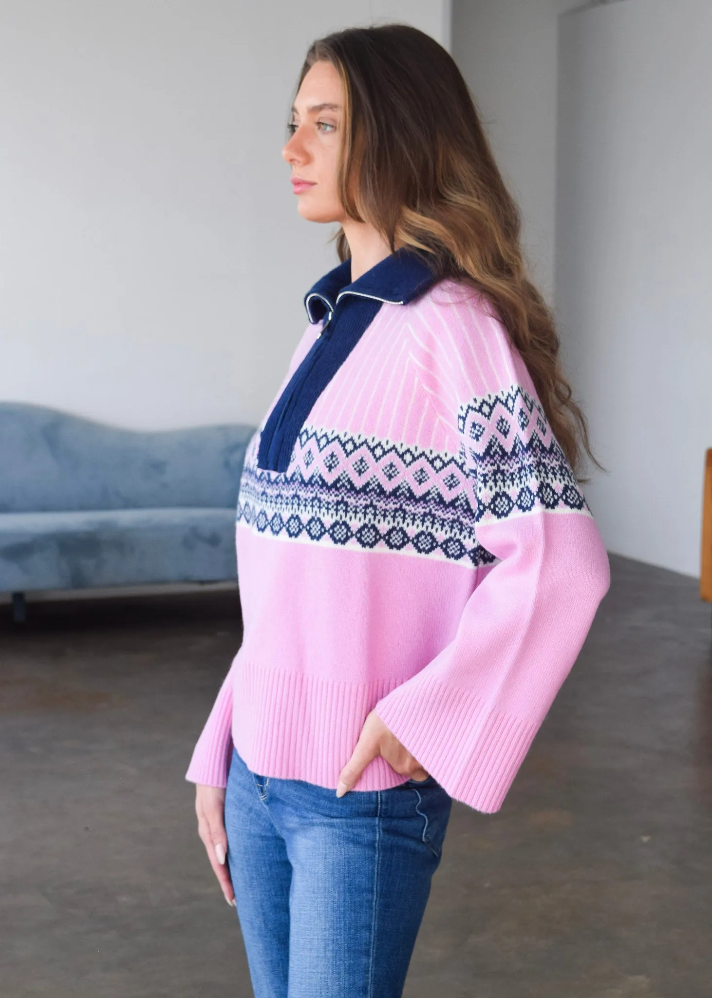 Fair Isle Zip Neck Sweater Pink