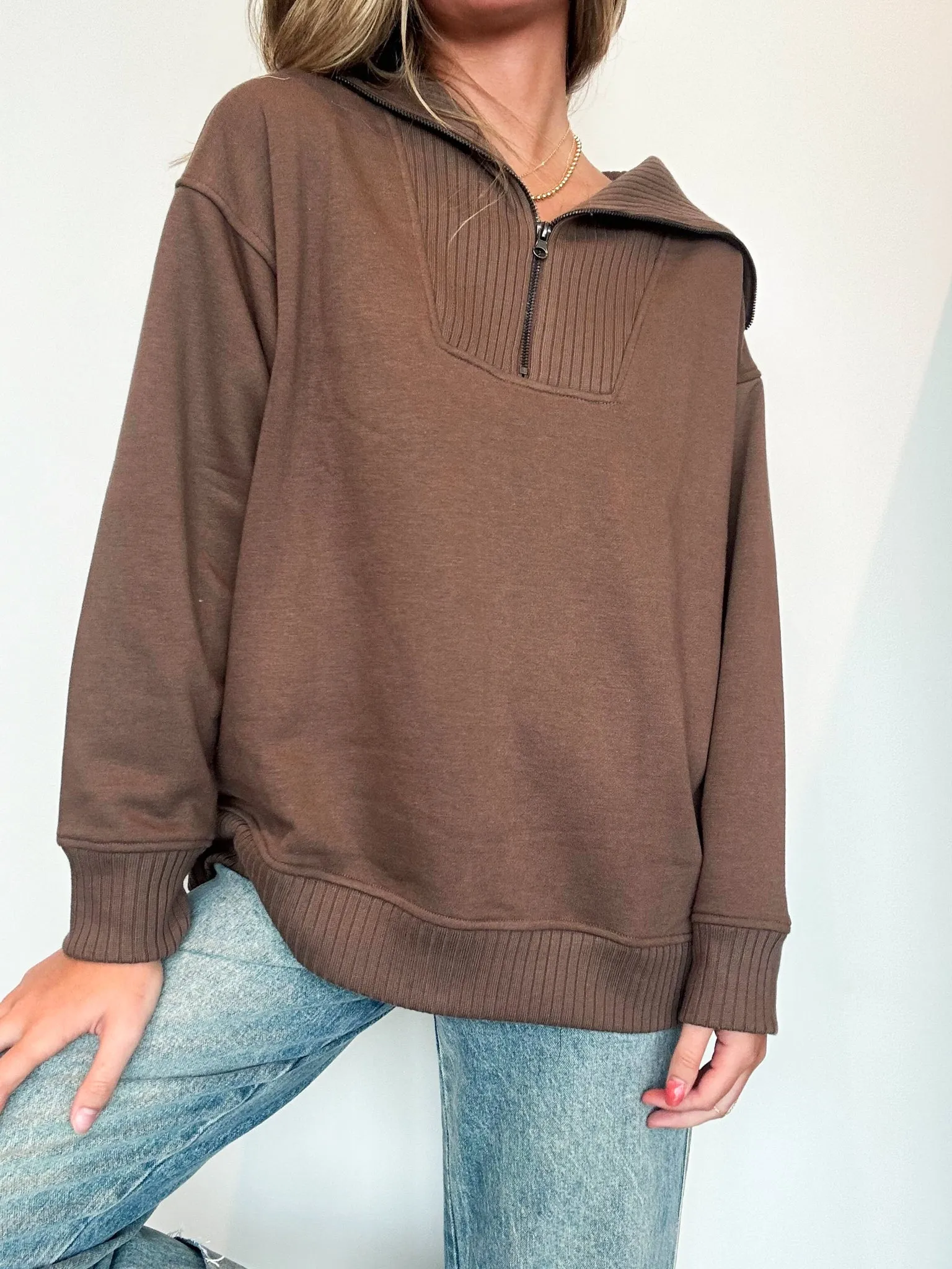 French Terry Quarter Zip Pullover- Mocha