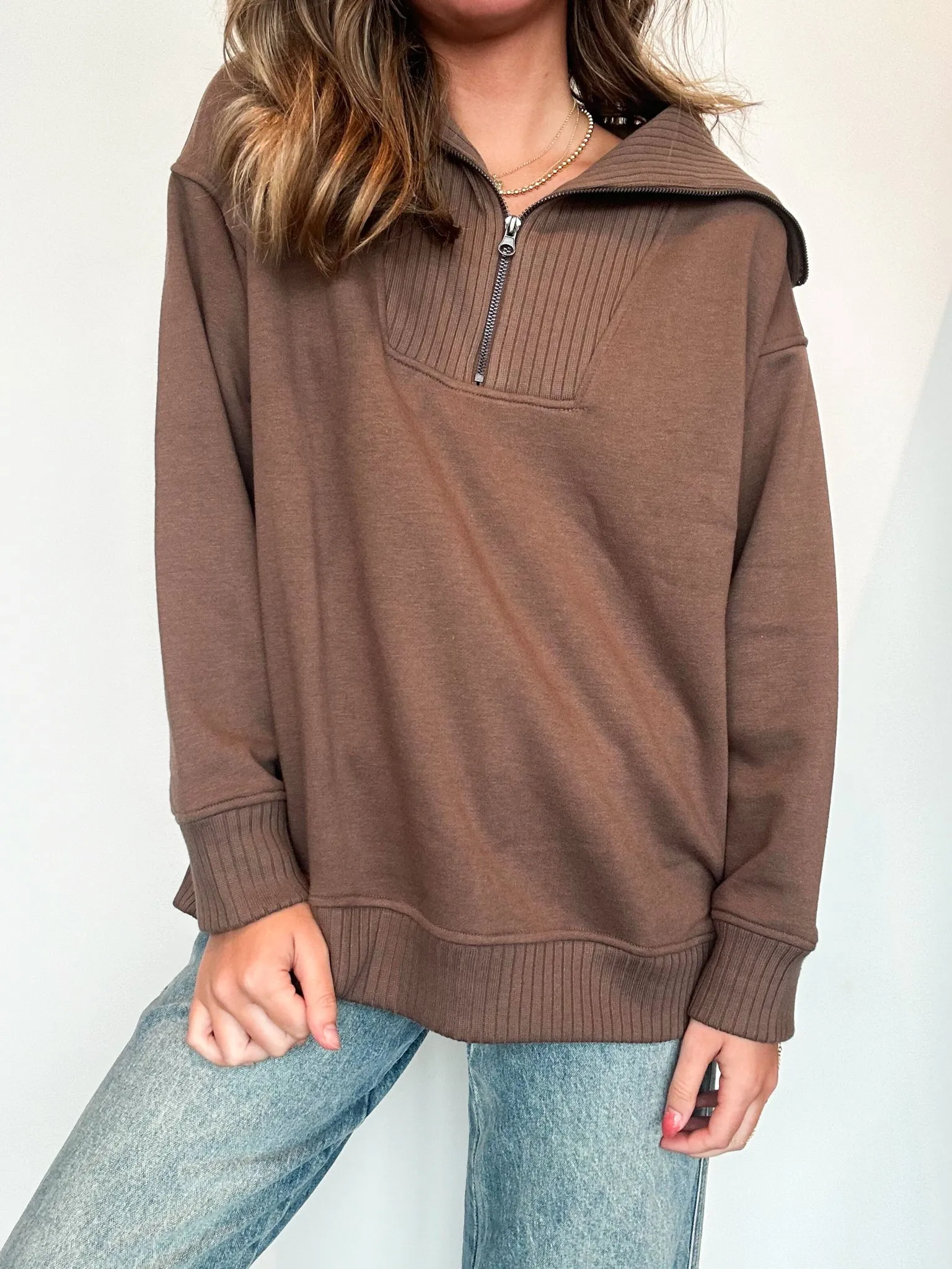 French Terry Quarter Zip Pullover- Mocha