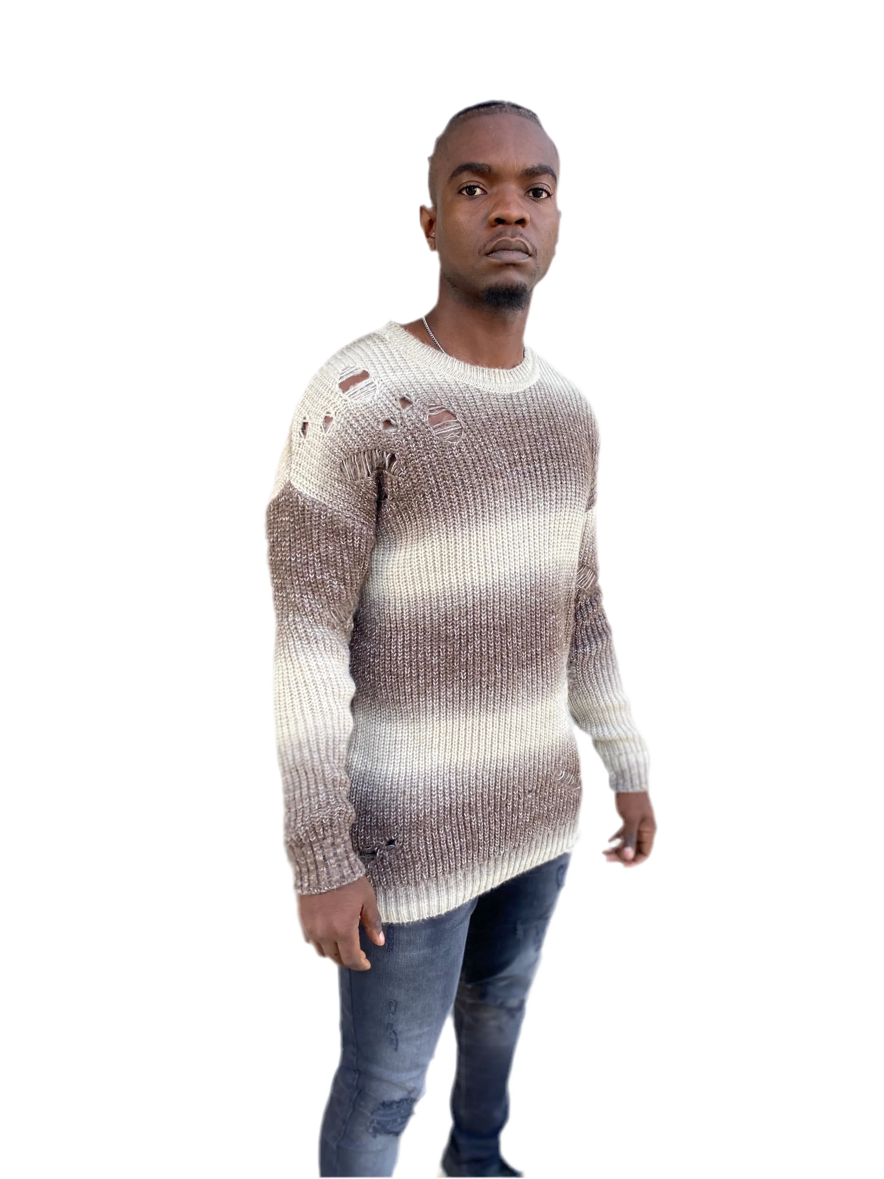 [Goozi] Coffee and Cream Knitted Distressed Crew Neck Light Weight