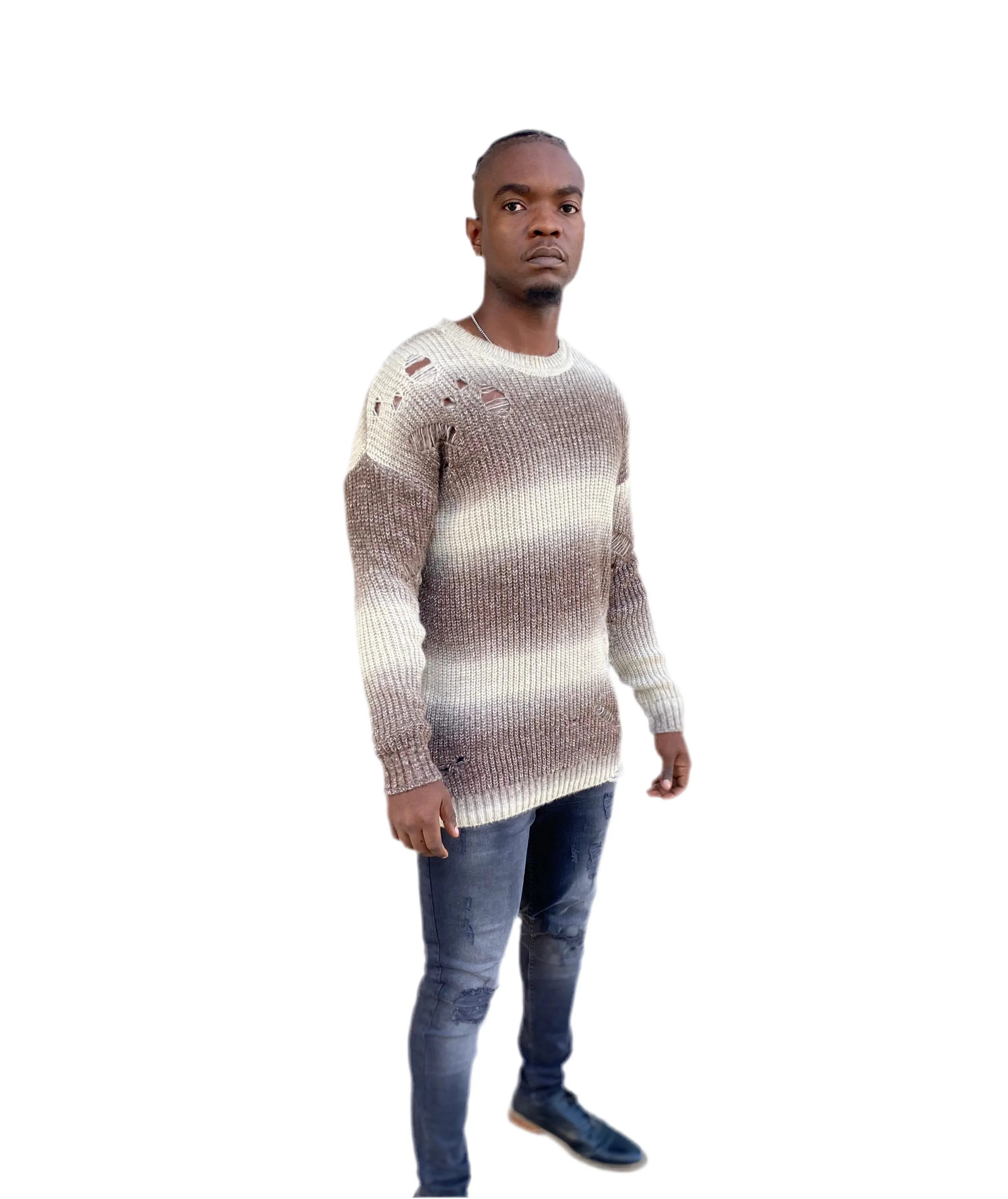 [Goozi] Coffee and Cream Knitted Distressed Crew Neck Light Weight