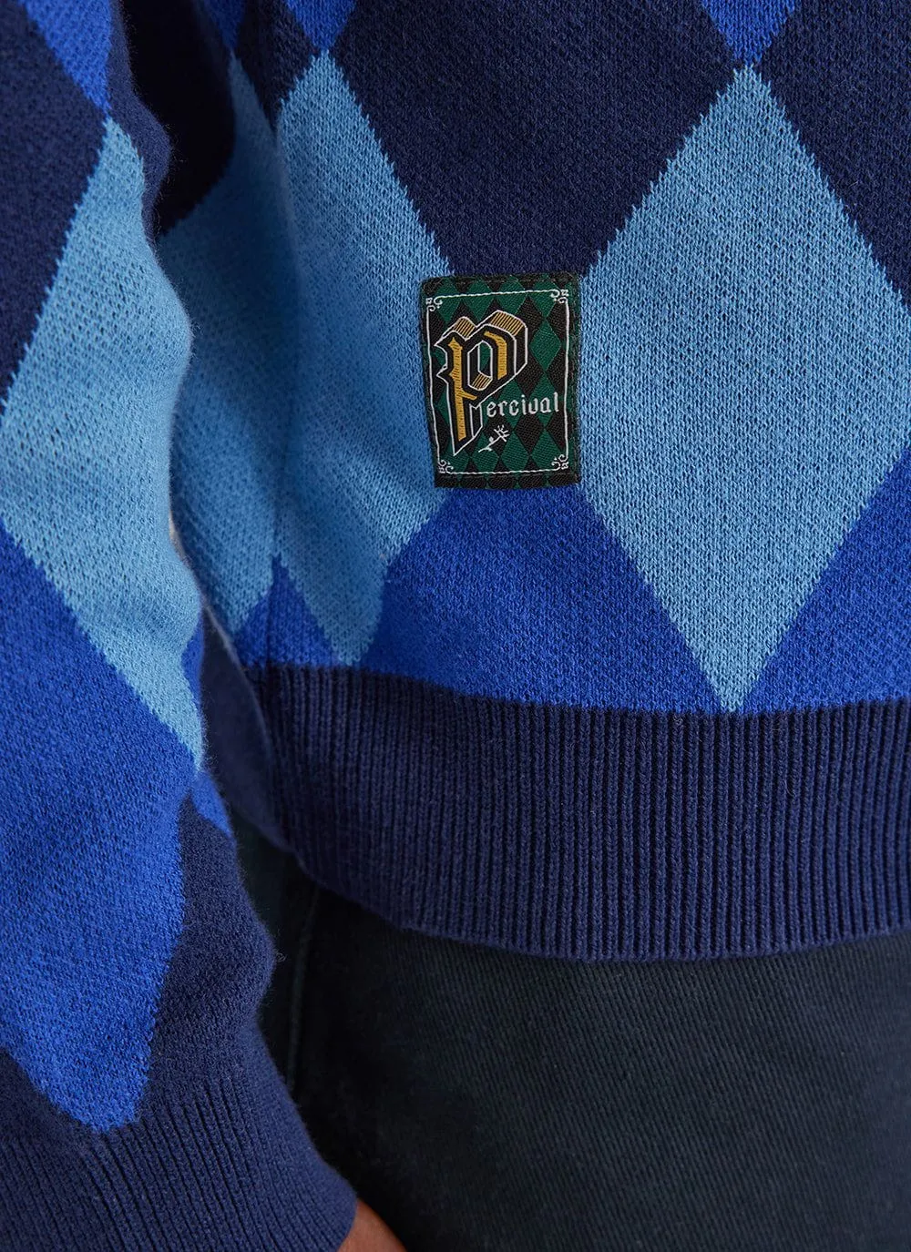 Harlequin Zip Pullover | Knitted Cotton | Blue