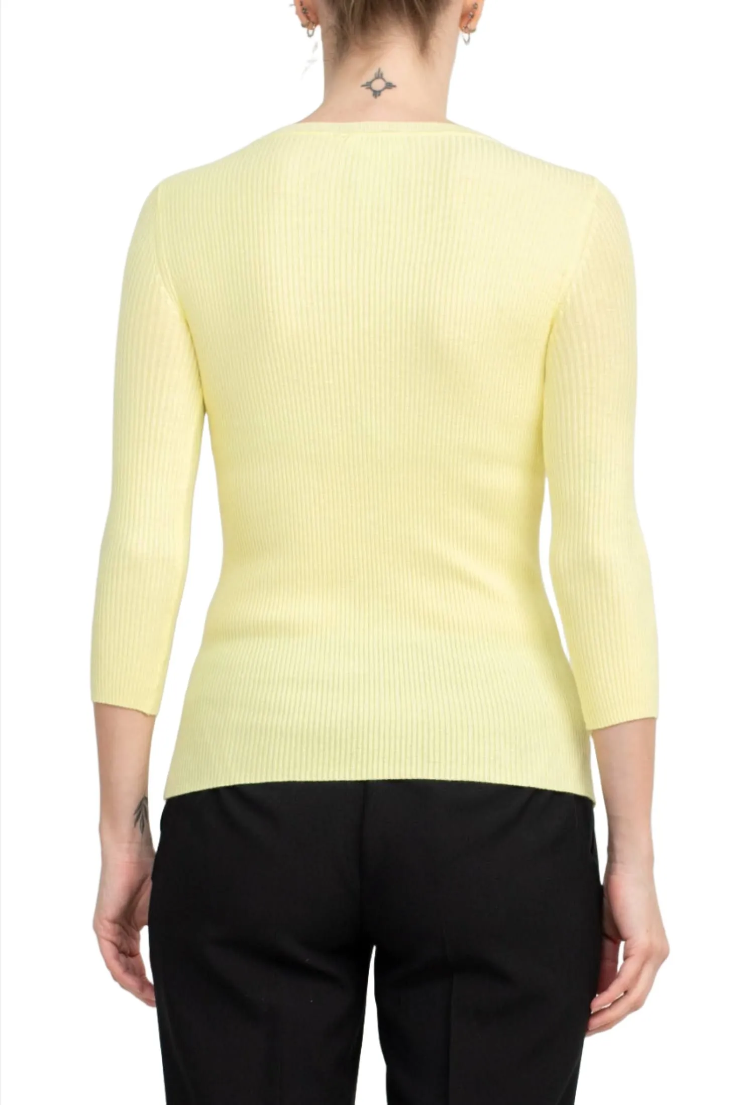 Joan Vass NY Crew Neck 3/4 Sleeve Ribbed Pullover Cutout Chest Detail Knit Top