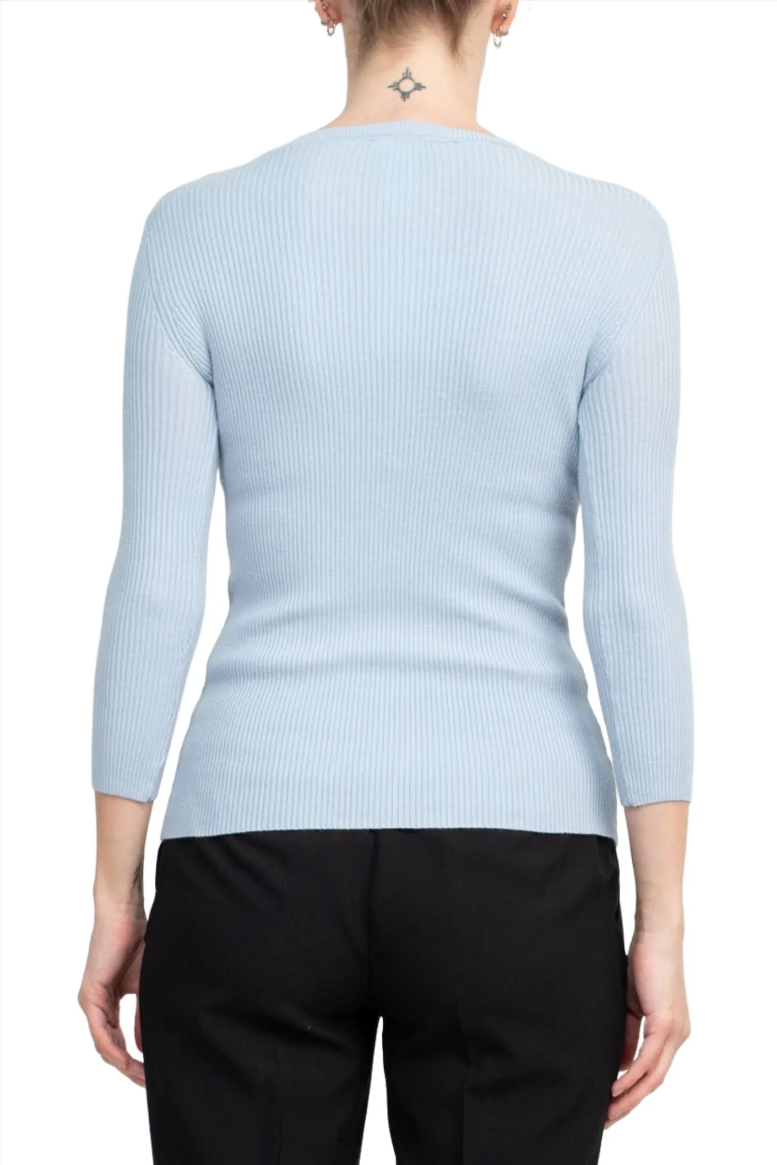 Joan Vass NY Crew Neck 3/4 Sleeve Ribbed Pullover Cutout Chest Detail Knit Top