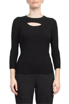 Joan Vass NY Crew Neck 3/4 Sleeve Ribbed Pullover Cutout Chest Detail Knit Top