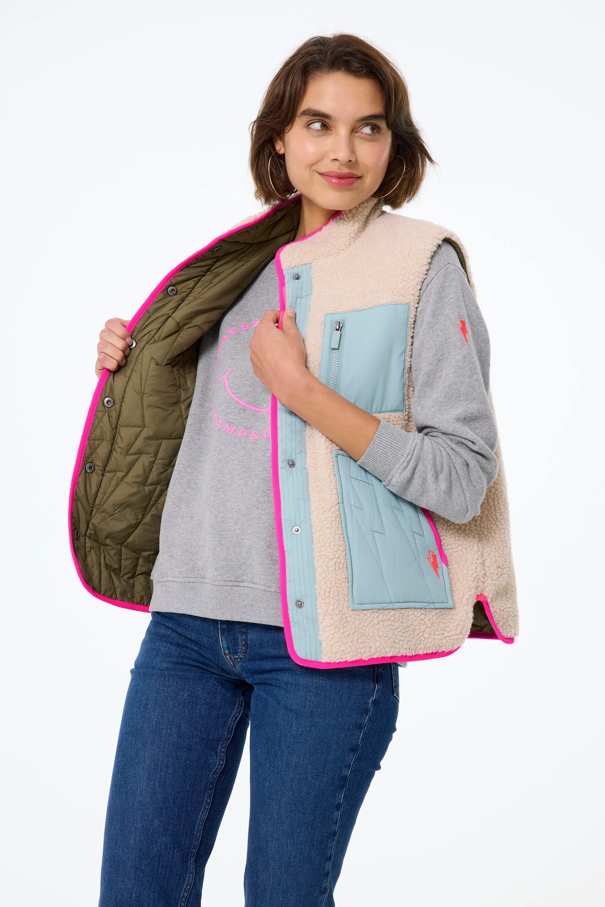 Khaki Reversible Quilted Lightning Bolt with Borg Gilet