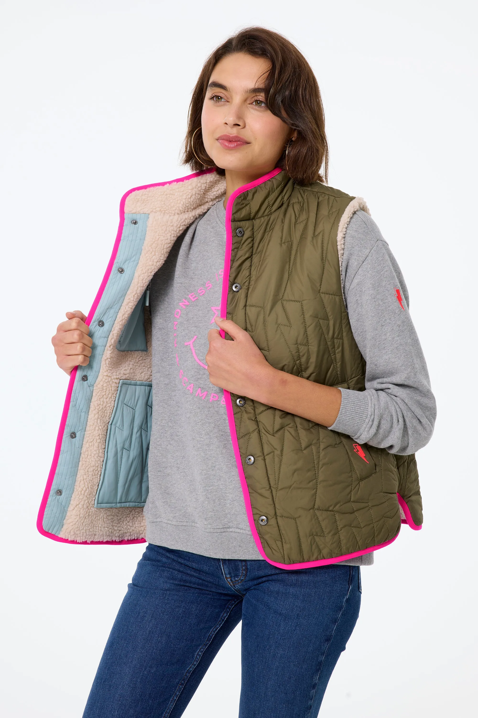 Khaki Reversible Quilted Lightning Bolt with Borg Gilet