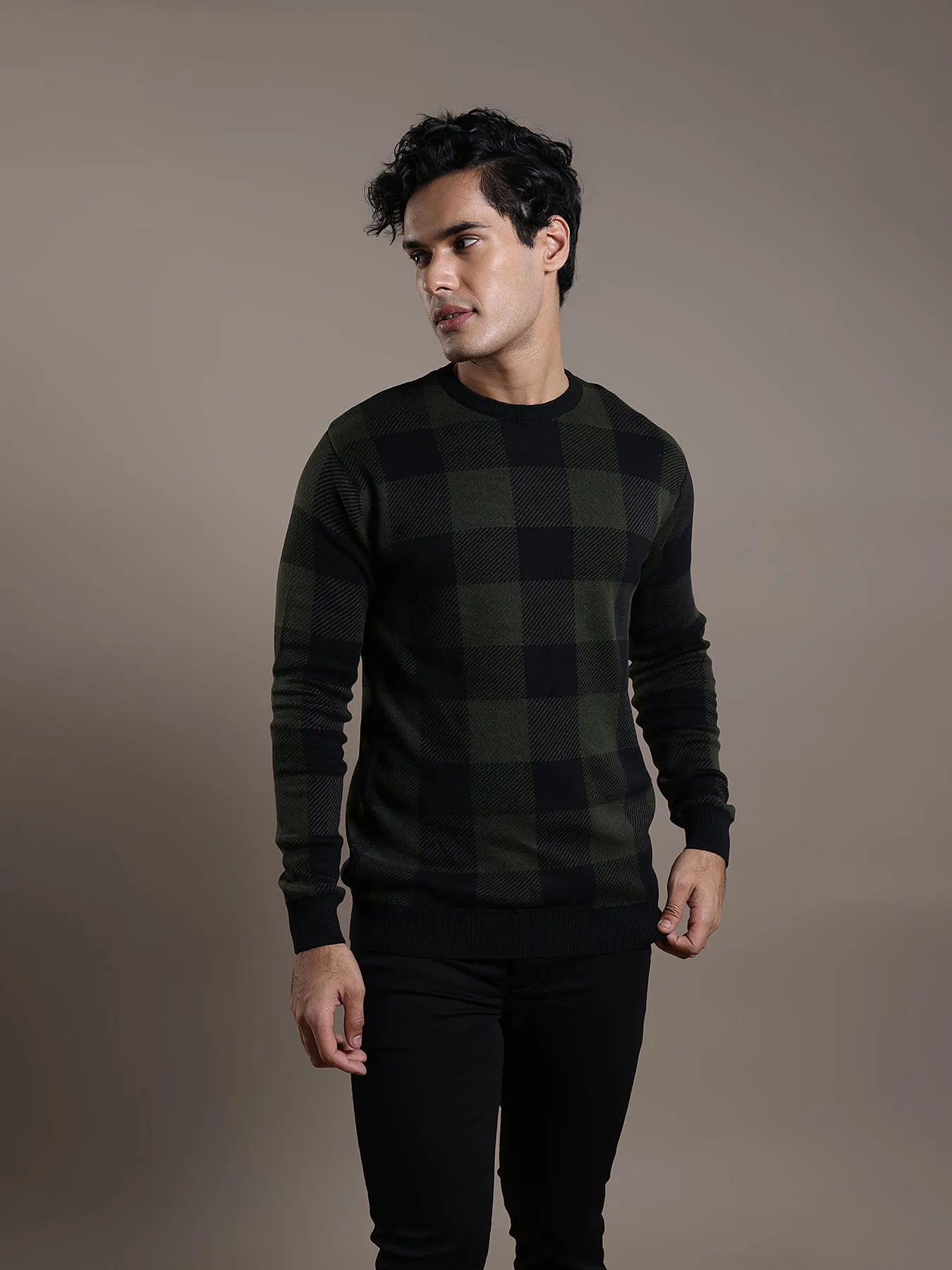 Knitted Olive Checkered Regular Fit Full Sleeve Casual Pullover