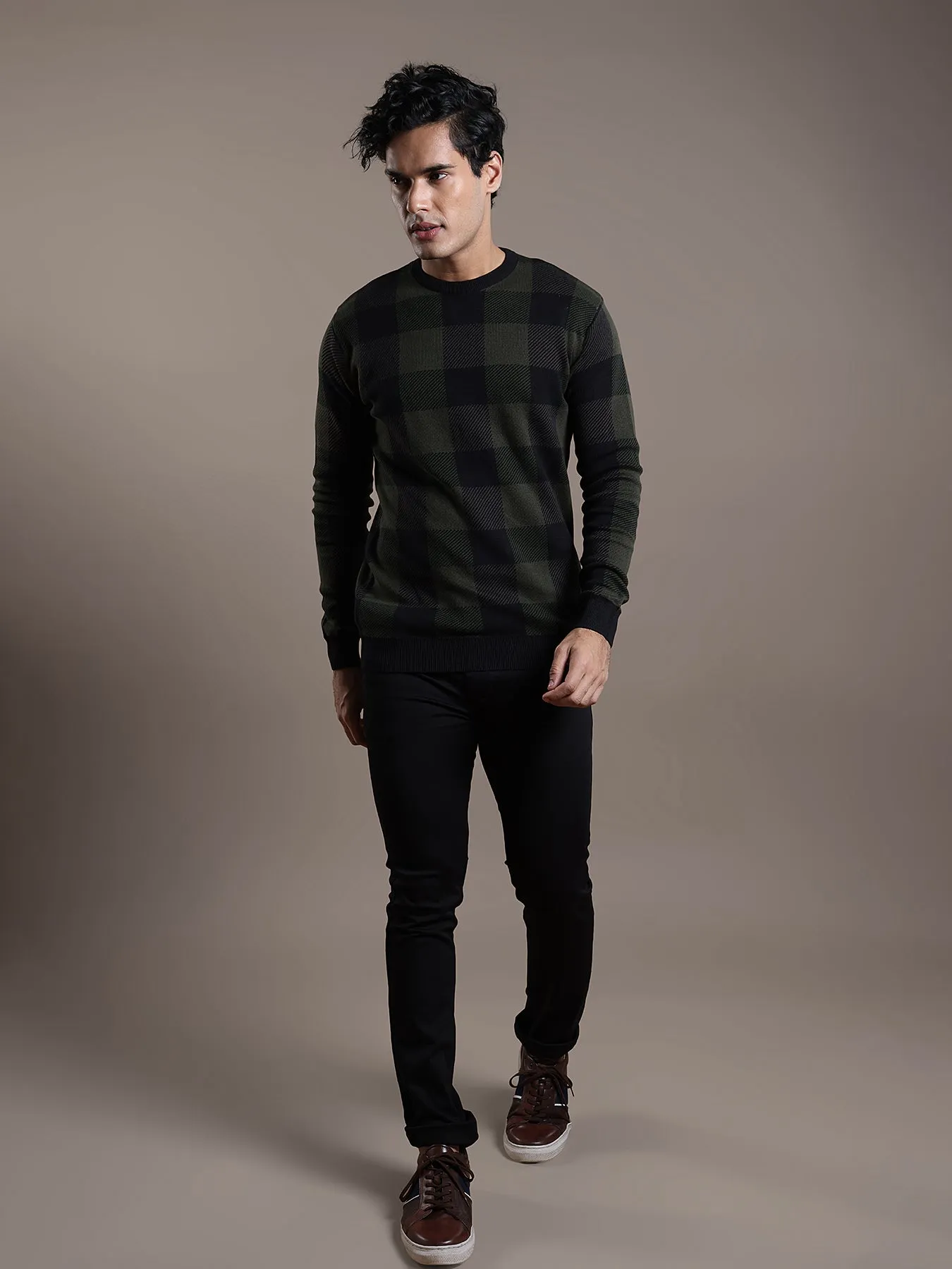 Knitted Olive Checkered Regular Fit Full Sleeve Casual Pullover