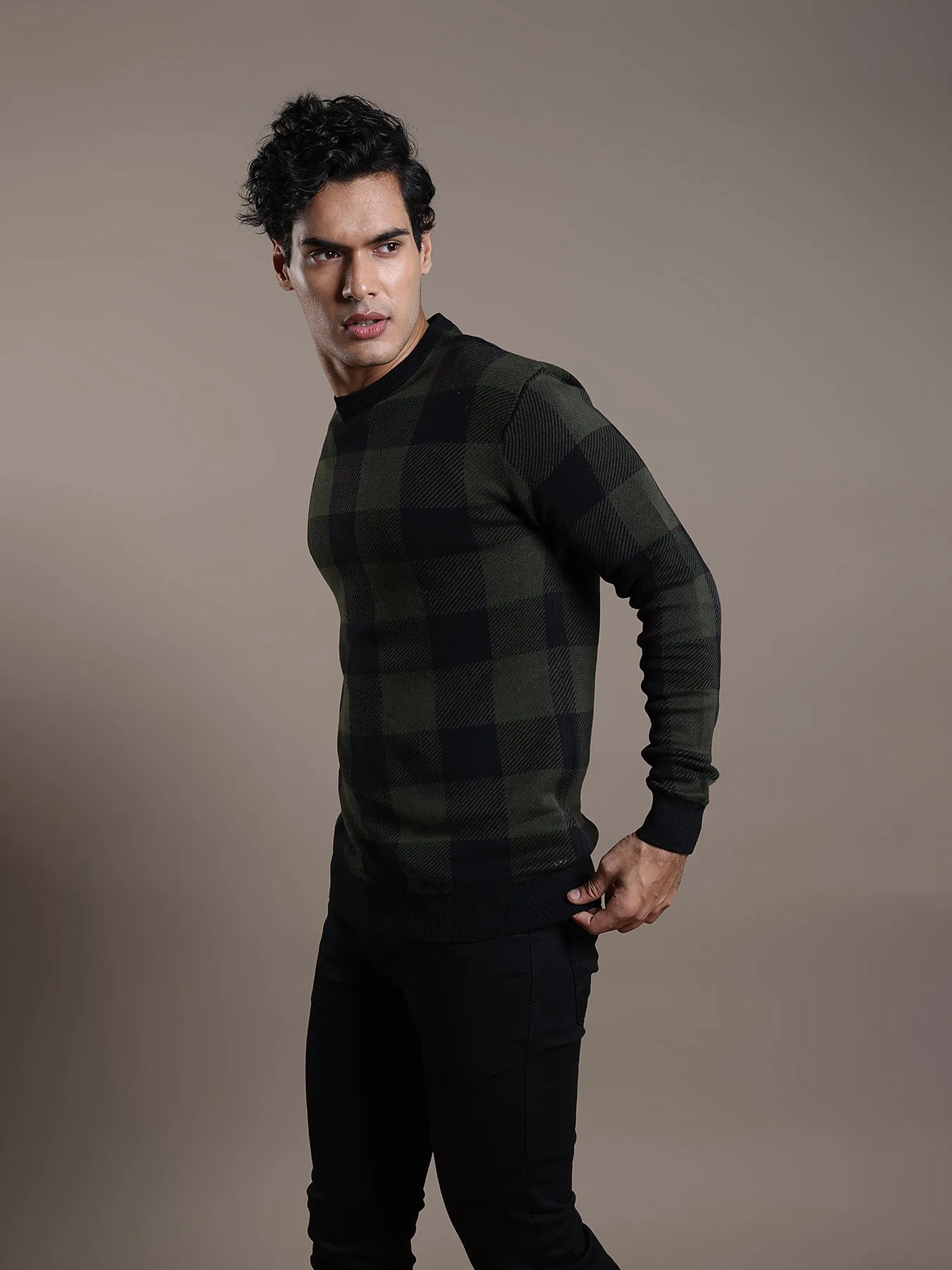 Knitted Olive Checkered Regular Fit Full Sleeve Casual Pullover