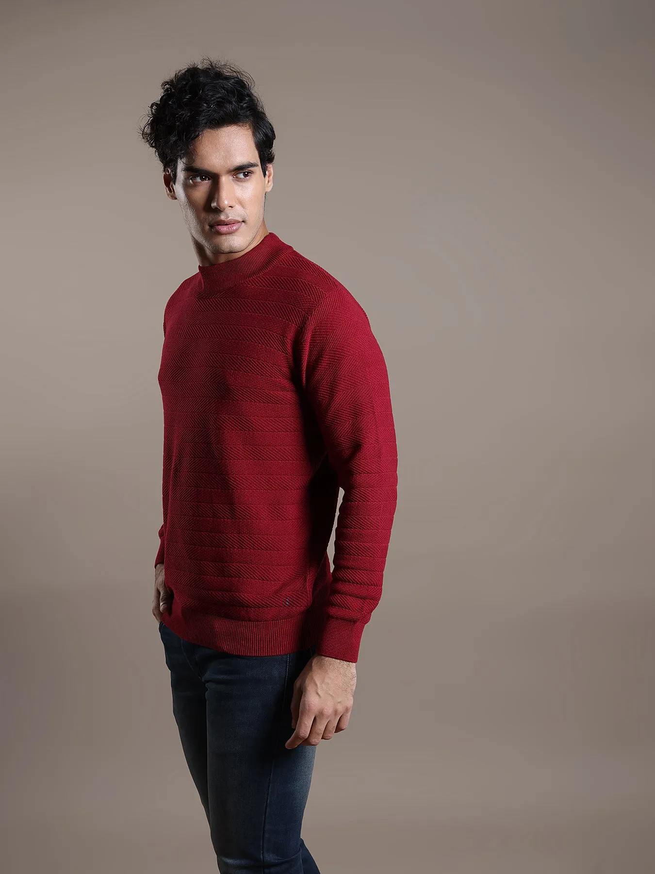 Knitted Red Plain Regular Fit Full Sleeve Casual Pullover