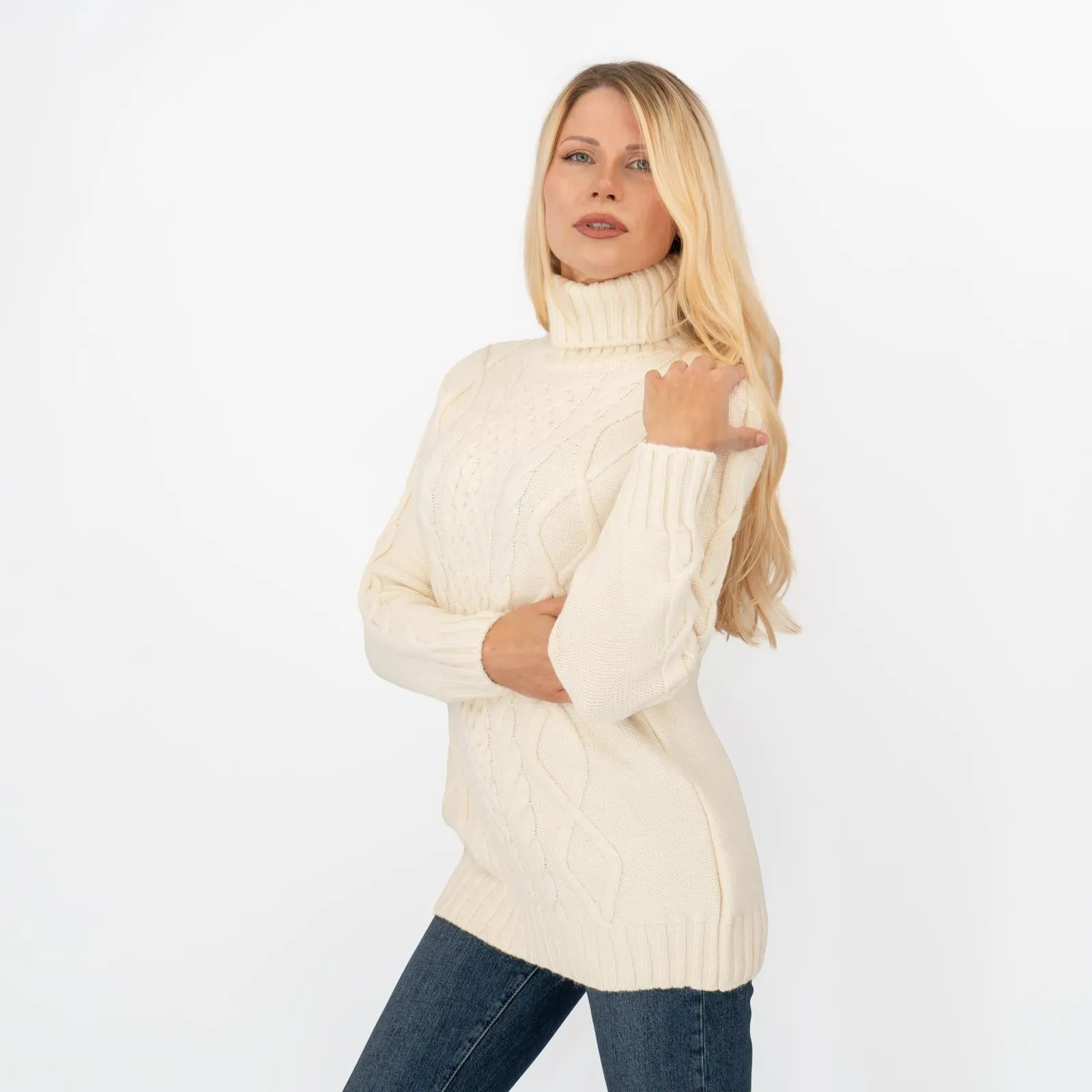 M&S Womens Ivory Cable Knit Roll Neck Longline Jumper