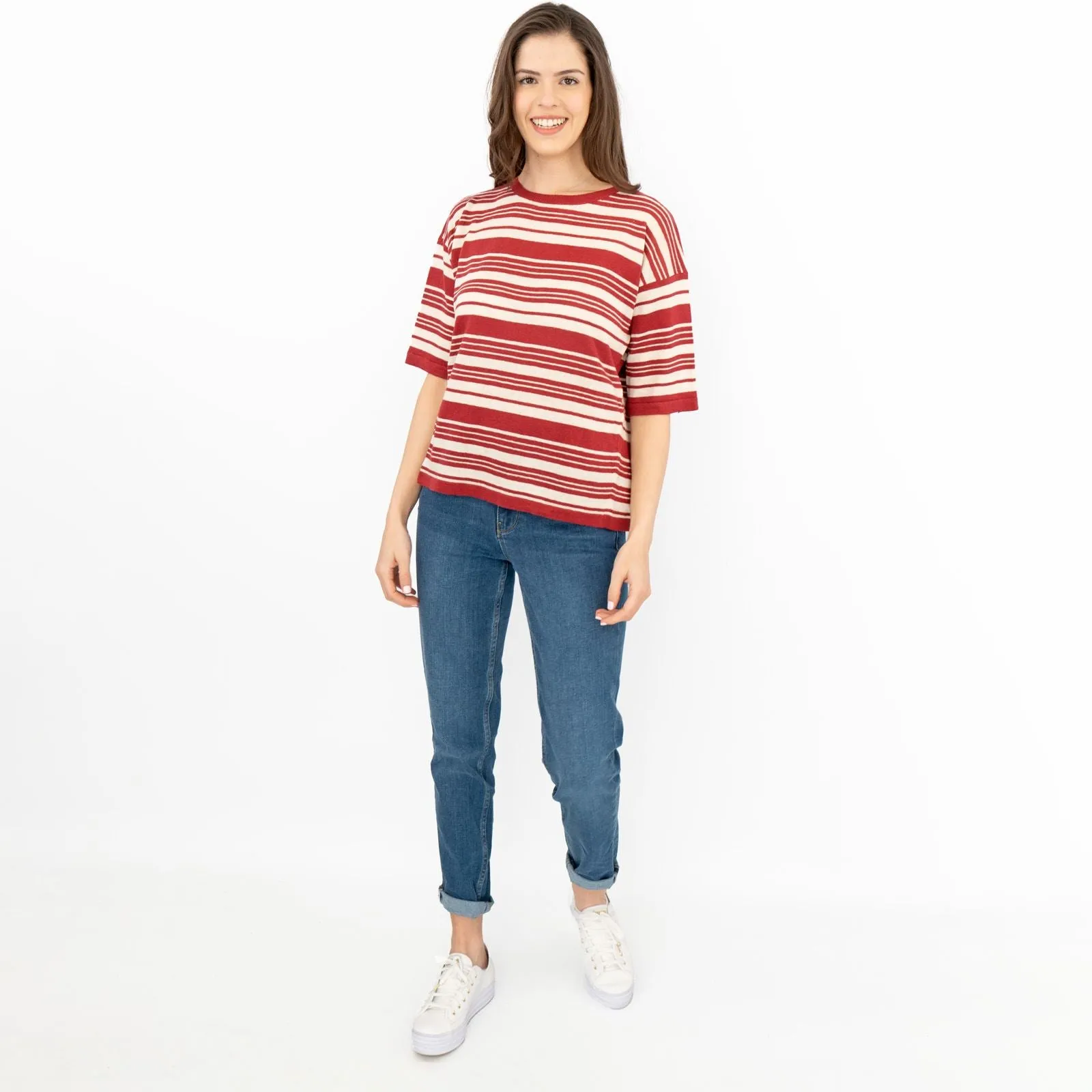 Max Mara Weekend Talea Red Striped Short Sleeve Drop Shoulder Sweat Tops with Linen