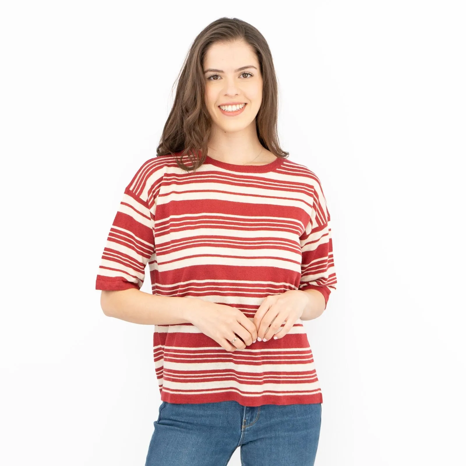 Max Mara Weekend Talea Red Striped Short Sleeve Drop Shoulder Sweat Tops with Linen