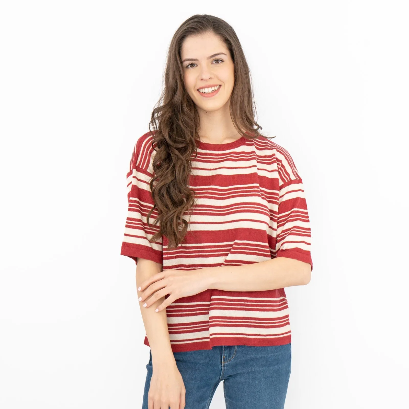 Max Mara Weekend Talea Red Striped Short Sleeve Drop Shoulder Sweat Tops with Linen