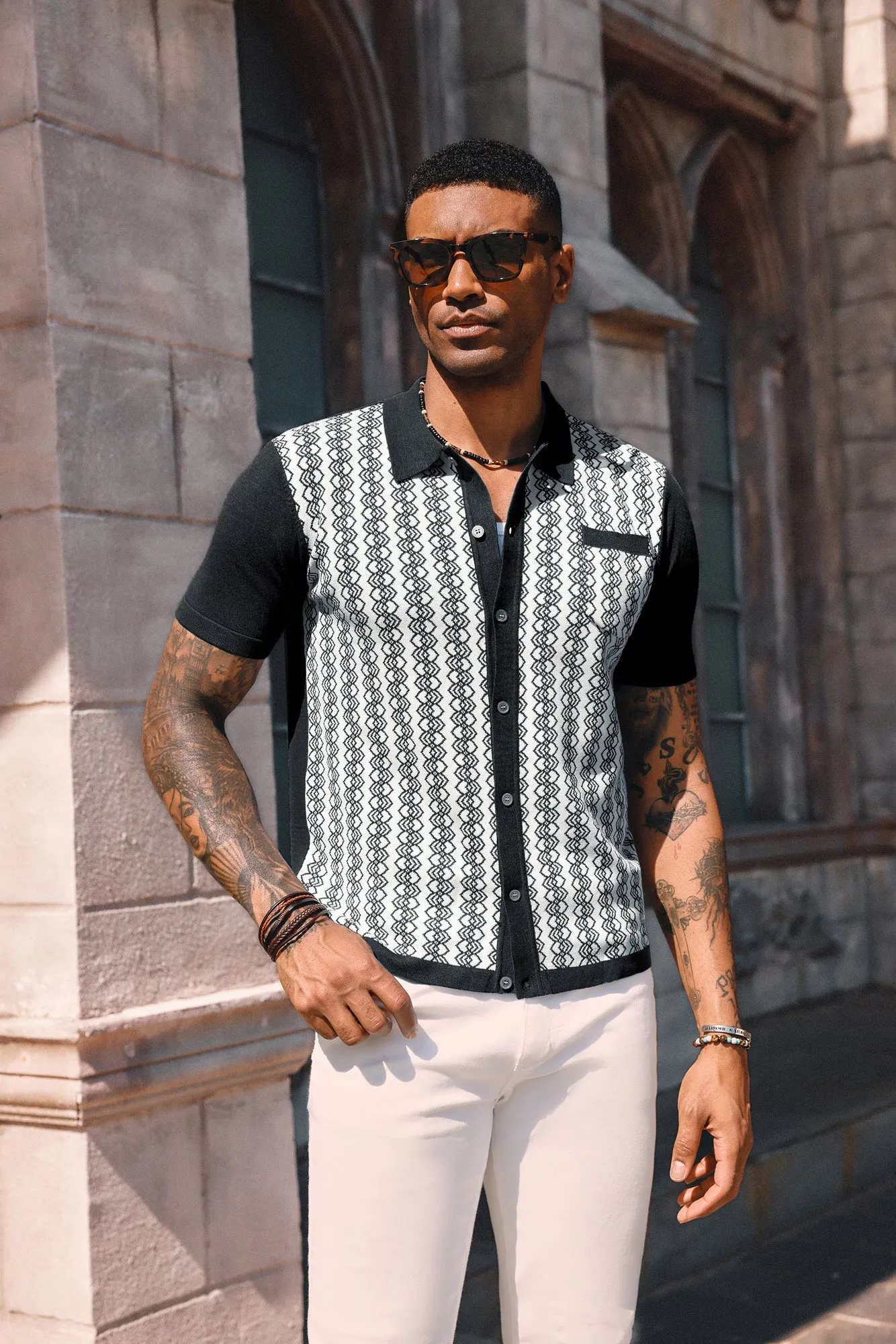 Men Contrast Color Cardigan Short Sleeve Lapel Collar Button-up Knitwear