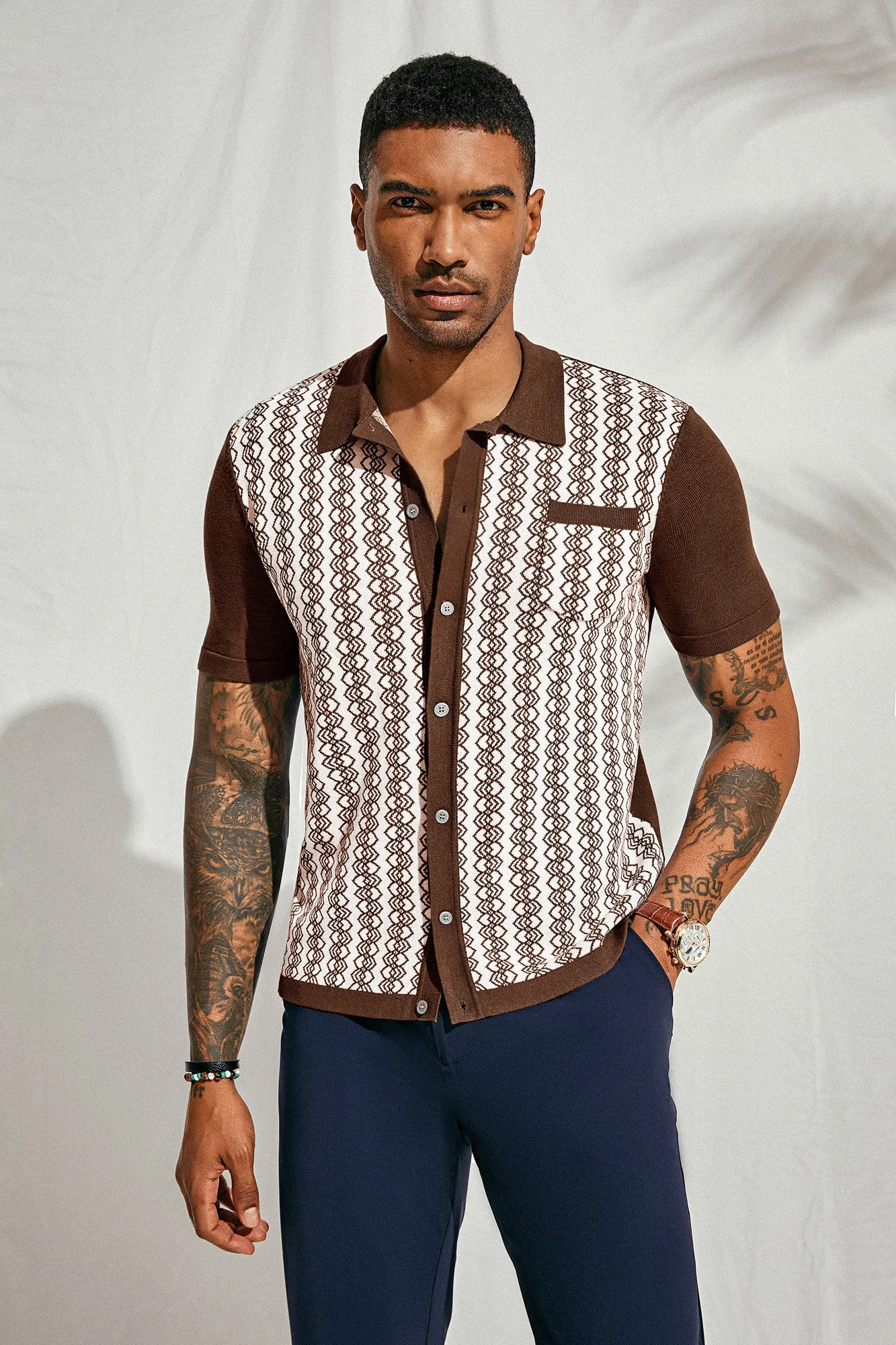 Men Contrast Color Cardigan Short Sleeve Lapel Collar Button-up Knitwear