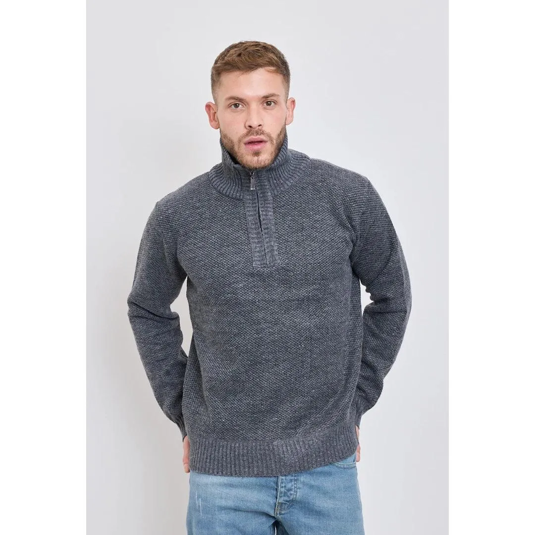 Mens Jumper Fleece Fur Lined Pullover Knitted Warm Winter Casual Half Zip