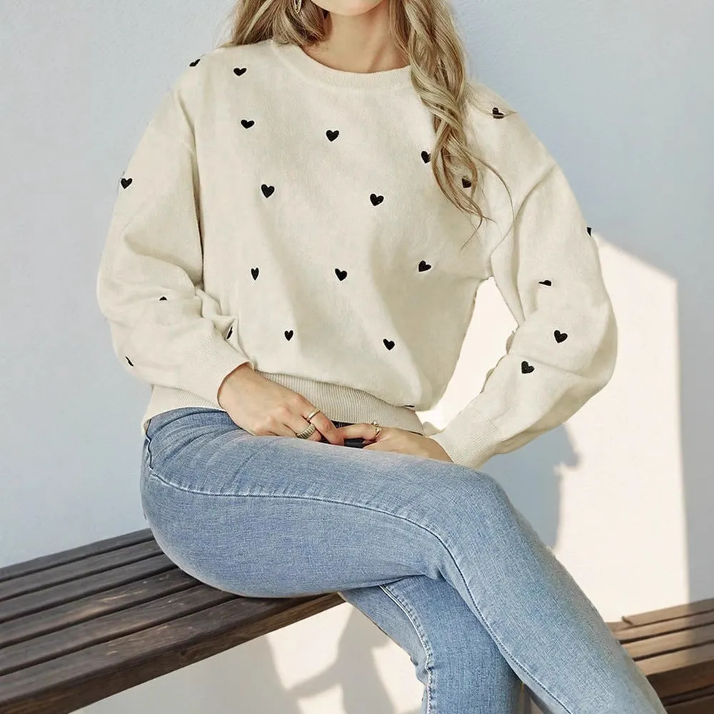 METAVERSMALL hot sale Valentine's Day love crew neck sweater women's simple and versatile premium milk white pullover sweater