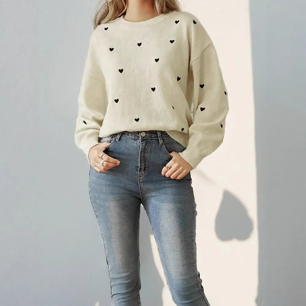 METAVERSMALL hot sale Valentine's Day love crew neck sweater women's simple and versatile premium milk white pullover sweater