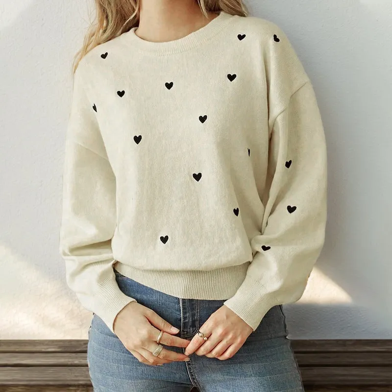 METAVERSMALL hot sale Valentine's Day love crew neck sweater women's simple and versatile premium milk white pullover sweater