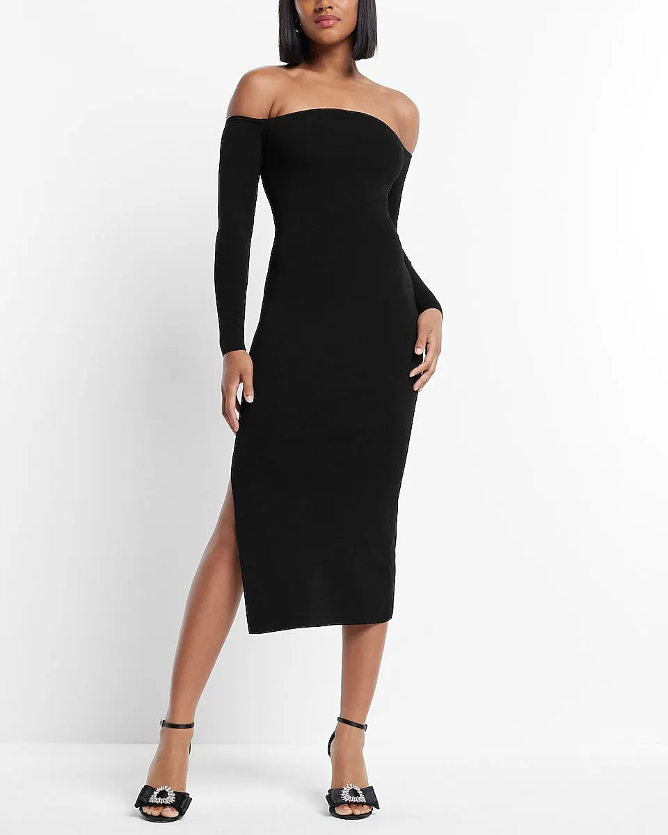 Off The Shoulder Long Sleeve Side Slit Midi Sweater Dress in Pitch Black