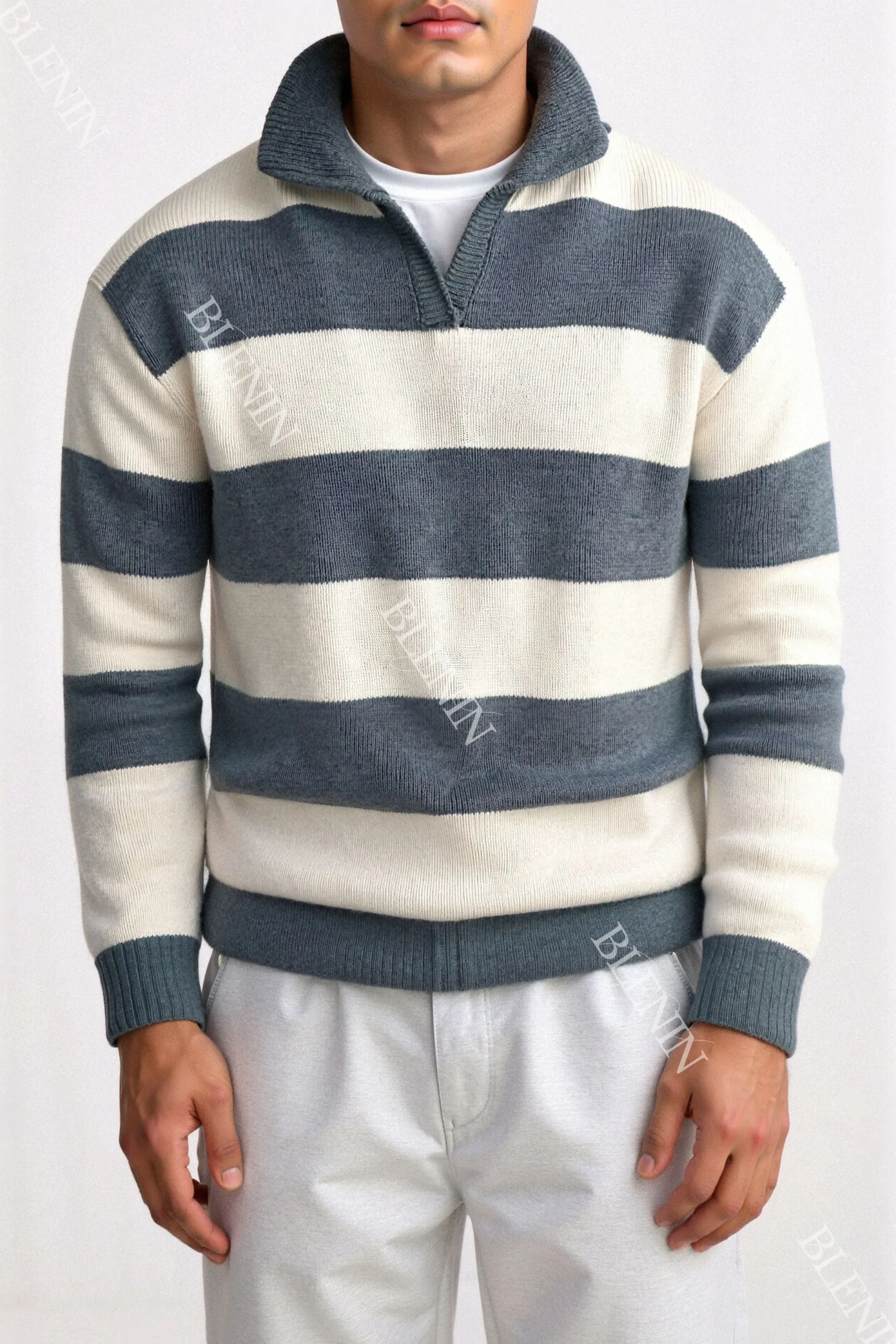 Old Money Green Color Block Striped Knitted Polo Pullover